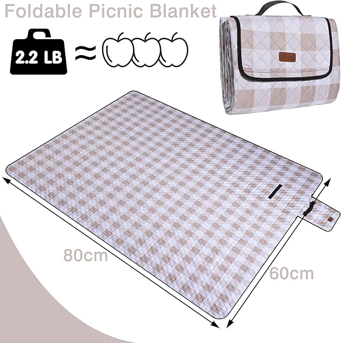 Extra Large Picnic Blanket 80''x 60'' Picnic Mat Waterproof Sand Proof Foldable for Beach, 5-Layer Outdoor Blanket for 6 to 8 Adults,Camping Lawn Hiking Travel Park Music Festival Wedding Mats(Brown)