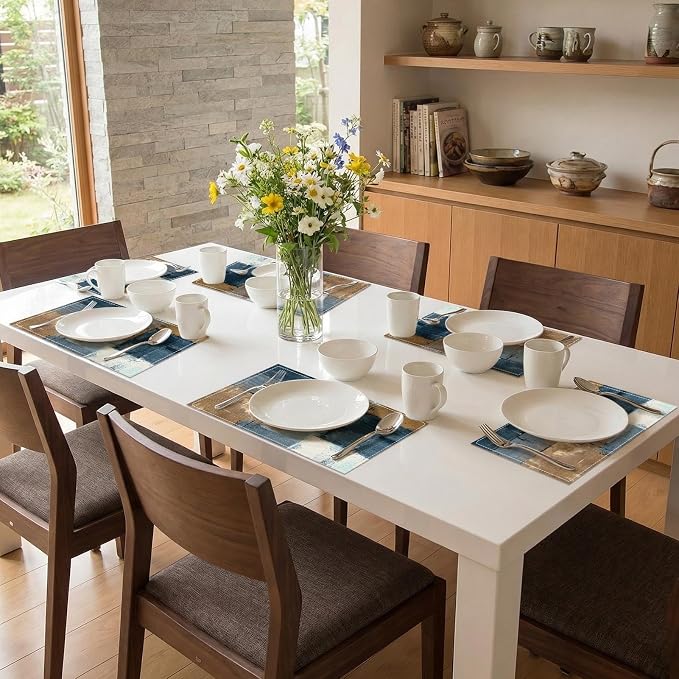 Emvency Farmhouse Placemats Set of 6, 12x18 Inch, Geometric Blue Brown | - Image 7