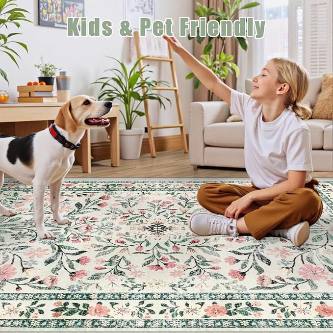 Area Rug Living Room Rugs: Floral 3x5 Washable Rug Vintage Soft Boho Non-Slip - Image 6