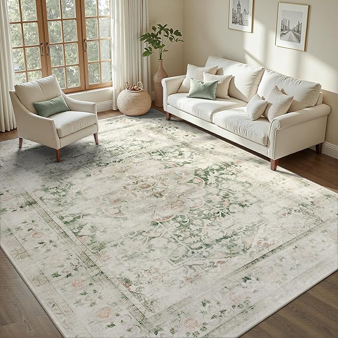DCX 5x7 Green Rug, Machine Washable Stain Resistant Distressed Vintage Rug by DCXWashableRug