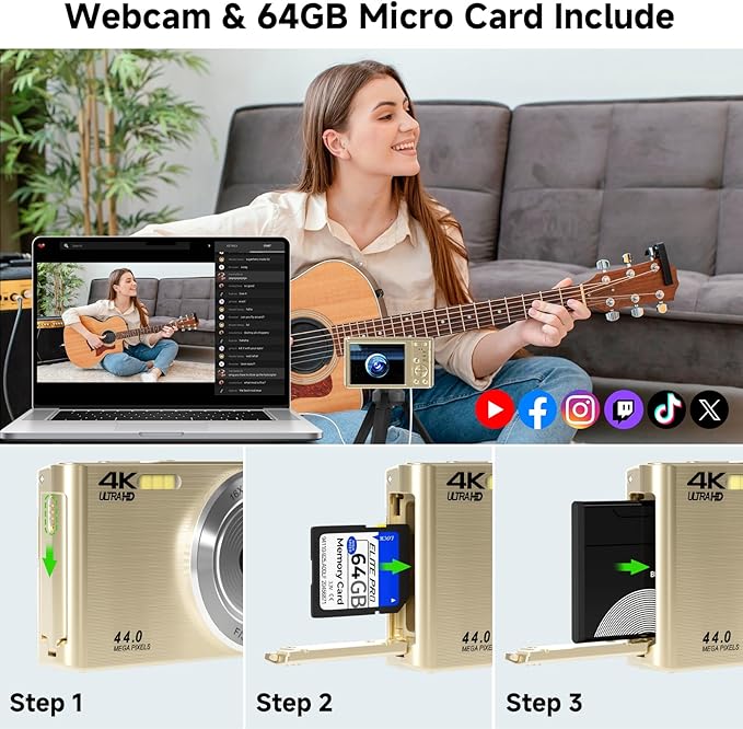 Digital Camera, FHD 4K Digital Camera with 64GB SD Card, 44MP Digital Point and Shoot Camera, 16X Digital Zoom, Anti Shake, 3-LED Fill Lights, Compact Camera for Kids Teen Boys Girls, Gold