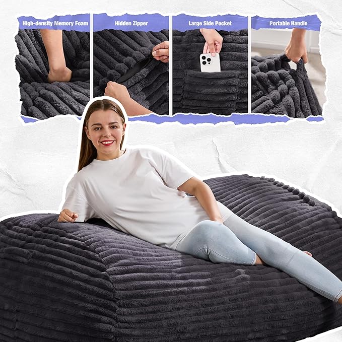 Hobestluk 4FT Bean Bag Chairs Adult Bean Bag with Portable Handle Comfy Large Bean Bag Chair with Removable Cover for Living Room Bedroom or Reading Nook (Stripe Dark Grey, 4FT)