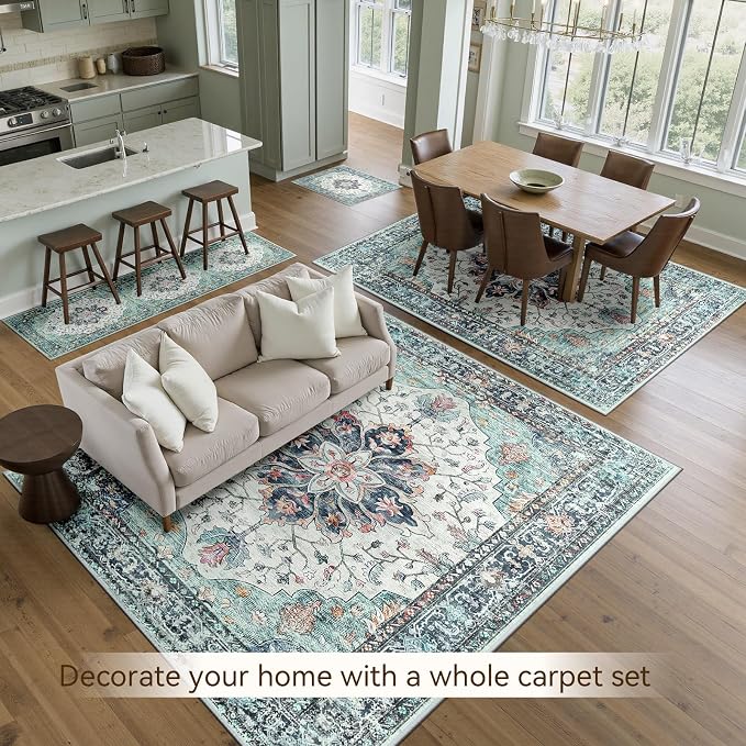 RELEANY Area Rugs 8'x10' Washable Non-Slip, Floral Vintage Distress Medallion - Image 3