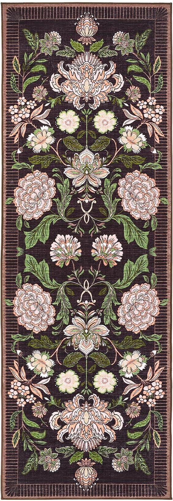 GarveeHome Plum Pink Floral Botanical 2x6 Washable Kitchen Runner Rugs Non Slip Black Purple Vintage Boho Cottage Long Rug for Hallways Bedroom Entryway Bathroom Mat with Rubber Back