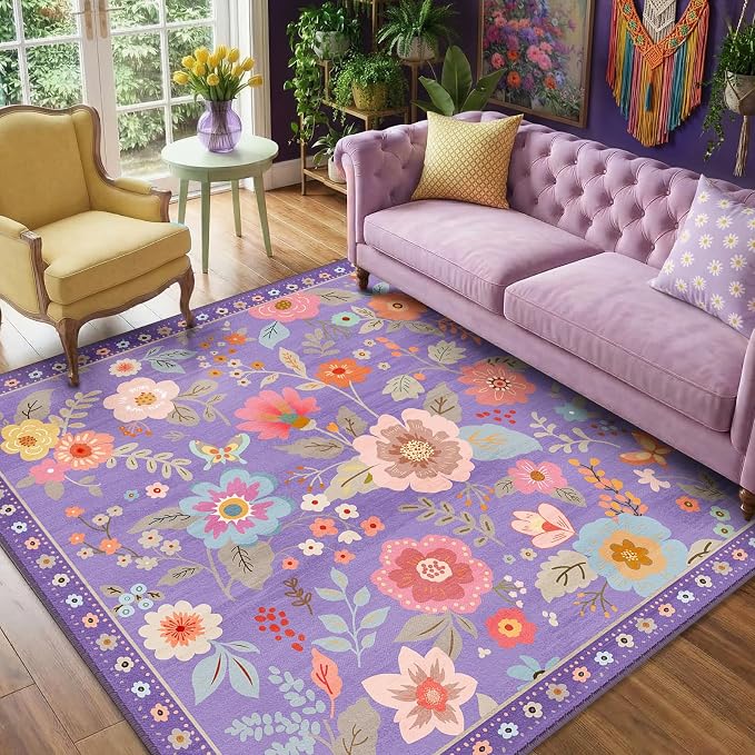 RELEANY Floral Square 6ft Area Rugs Washable Print Boho Cute Carpet Non Slip by RELEANY