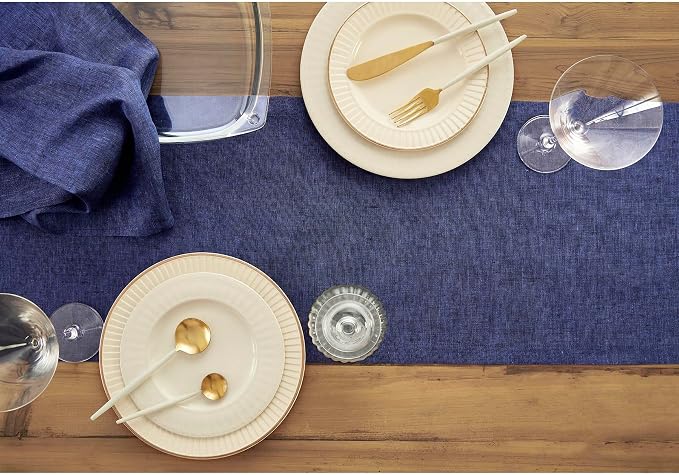 Solino Home 100% Pure Linen Dining Table Runner Navy, Athena 14 x 108 in | - Image 3