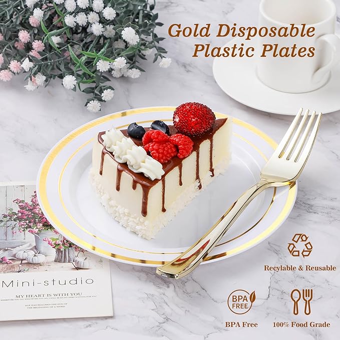 BESTVIP 50Pcs Gold Plastic Plates, 10.25 Inch Disposable Party Plates | Heavy - Image 2