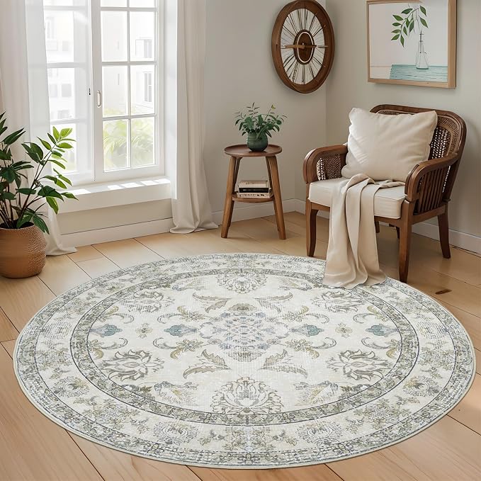 Round 6Ft Washable Area Rug, Vintage Floral Low Pile Non Slip Carpet by Dotiiorug
