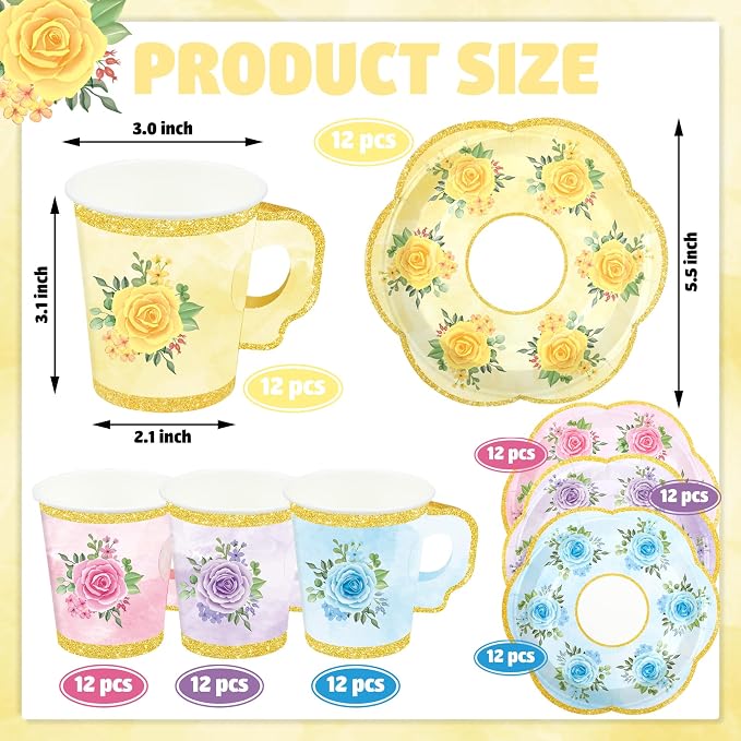 48 Sets Floral Paper Tea Cups and Saucers Disposable Tea Party Supplies - Image 2