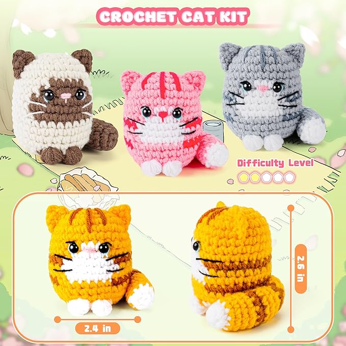 Crochet Kit for Beginners -4 PCS Cat Crochet Kit with Step-by-Step Video Tutorials, Learn to Crochet Kits for Adults and Kids, Beginner Crochet Kits for Adults, Animals Cat Crafts Knitting Kit