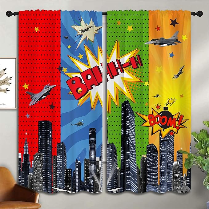 Superhero Rod Pocket Blackout Curtains for Boy Girl Bedroom, City War Explosion Comics Art Thermal Insulated Home Window Drapes for Living Room Darkening, 55x63 inch