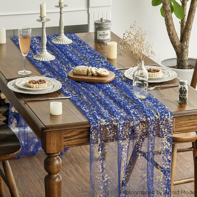 Artoid Mode 3PCS Blue Gold Gauze Table Runner 120 Inch 10FT, Glitter Metallic - Image 3