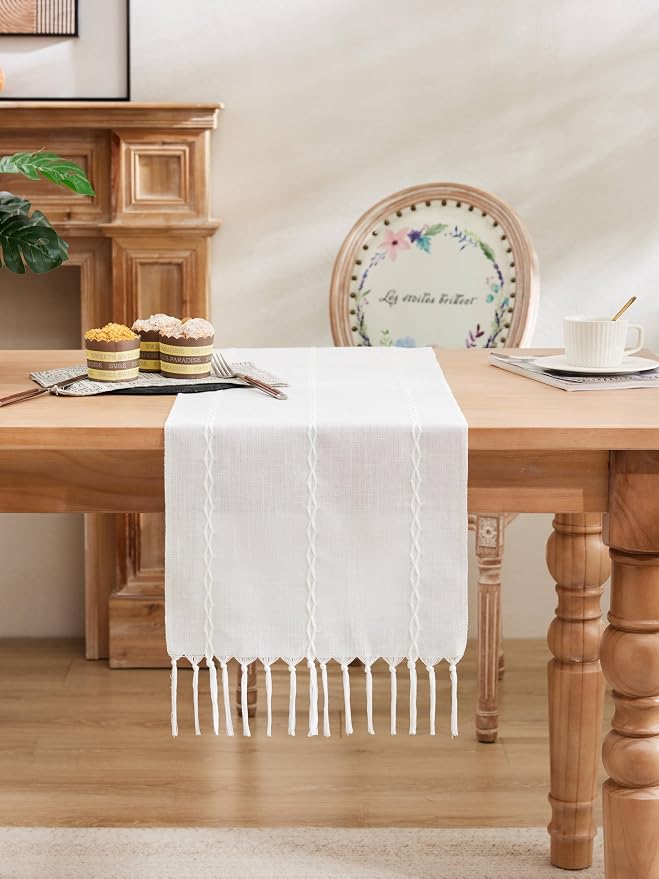 Braided Farmhouse Table Runner, Braided White 13x48 Inch, Cotton Linen Table - Image 2