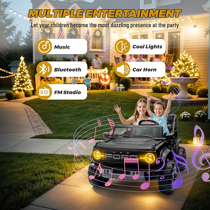 ENYOPRO 24V Licensed Ford Bronco Raptor Electric Car for Kids, 2 Seater Battery Operated Ride On Truck Toys with Remote Control, 4-Wheel Suspension, Bluetooth, Radio, LED Lights, 3 Speed - Black