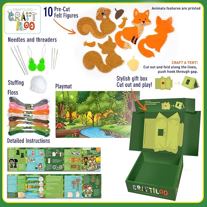 CRAFTILOO Woodland Sewing Kit for Kids, Fun and Educational Fairytale Craft Set for Boys and Girls Age 8-12, Sew Your Own Felt Forest Animal Craft Kit for Beginners