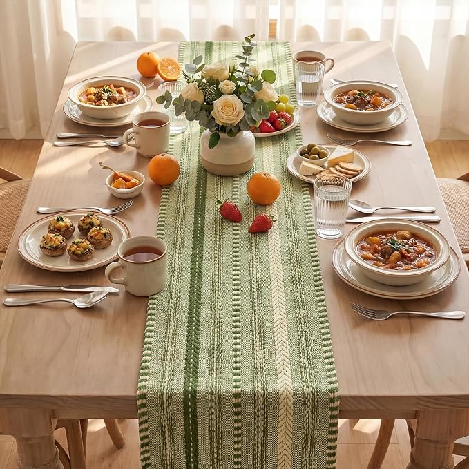 Artoid Mode Army Green Farmhouse Stripe Braided Table Runner 12x72 Inch | - Image 3