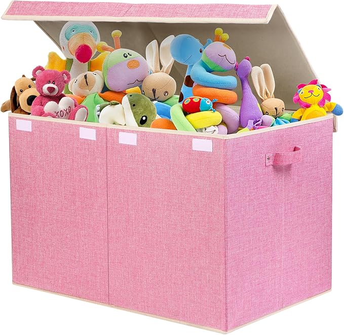 popoly 122L Large Toy Box Chest with Lid, Foldable Toy Storage Organizer Bin Boxes with Removable Divider for Kids, Boys, Girls, Nursery, Playroom, 26"x17" x17"(Linen Pink)