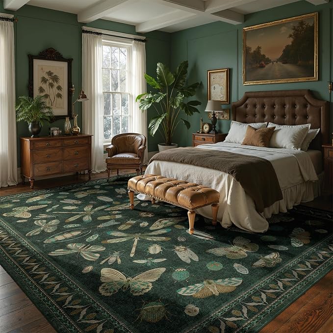 DCX 5x7 Washable Insect Rug, Vintage Gothic Dark Green Rug - Image 4