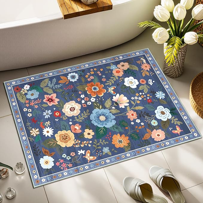 Floral 2x3 Area Rug Machine Washable Soft Print Boho Carpet Non Slip Doormat Low Pile Flower Area Rugs for Living Room Bedroom Nursery Kitchen Dining Room Indoor-Blue/Grey