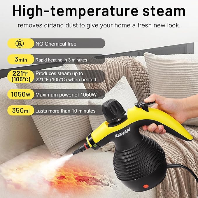 Handheld Steam Cleaner, Steamer for Cleaning, Multipurpose Portable Steam Cleaners for Home Use with Safety Lock and 10 Accessory Kit to Remove Grime, Grease, and More, Save Time and Effort