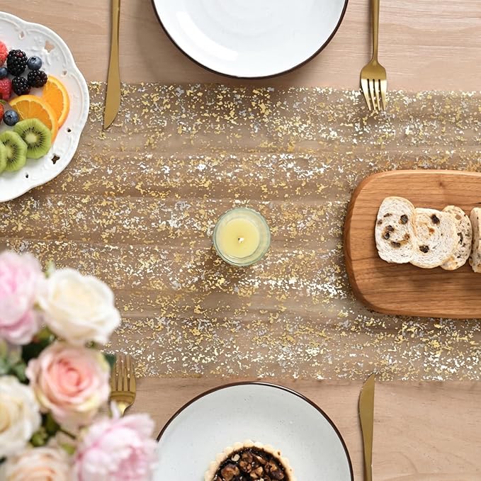 Artoid Mode Coffee Gold Gauze Table Runner 120 Inch 10FT, Glitter Metallic Foil - Image 3