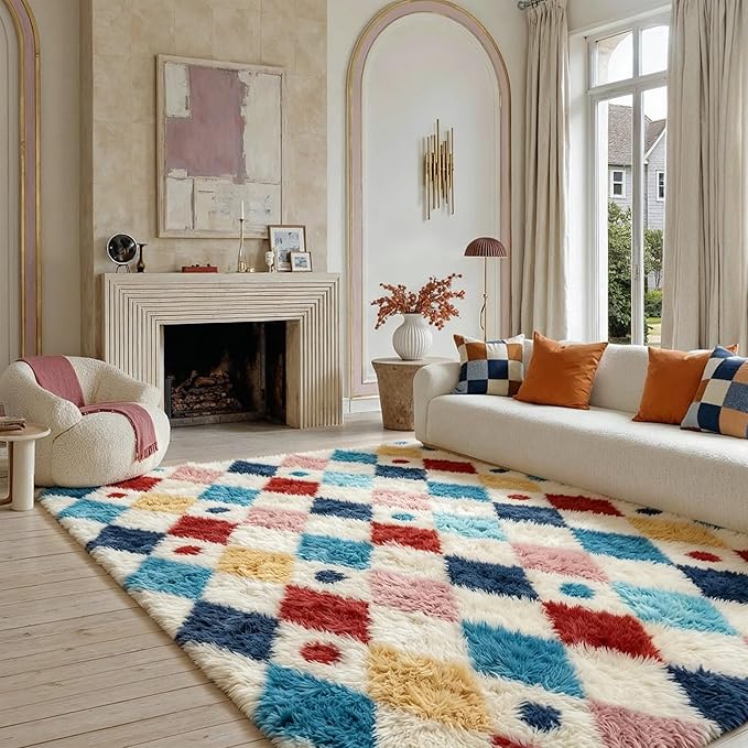 PureCozy Checkered Rug 5x8 Fluffy Shag Living Room Colorful Area Rug Modern - Image 3