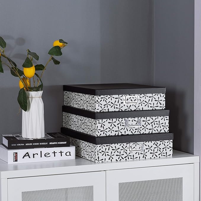 Soul & Lane Decorative Cardboard Storage Boxes With Lids for Home Décor, Set of 3 Nesting Black and White Photo Storage for Documents and Scrapbook Paper, Memory Boxes For Keepsakes
