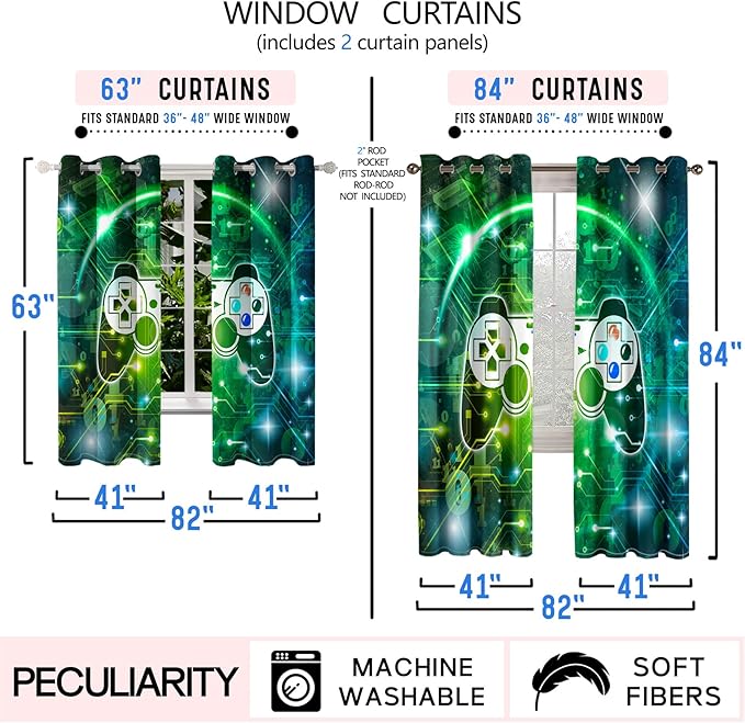 Gaming Blackout Curtains for Boys - 2Pcs Game Windows Curtain Panels for Boys Bedroom Green Gaming Console Curtains for Teens Boys Kids Room Decor Grommet Top, 82 in x 63 in