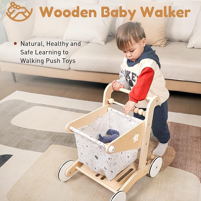 Wooden Baby Walker Doll Stroller | Adjustable Speed Shopping Cart for Toddlers 1-3 | Baby Push Walker - Pretend Play Grocery Cart | Natural Wood Stroller Push Toys for Babies Learning to Walk