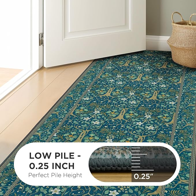 Joydeco Washable Large Area Rug 8x10, Boho Floral Rugs for Living Room Non Slip, Soft Low-Pile Botanical Forest Indoor Floor Throw Carpet for Dining Home Office Playroom, Dark Blue