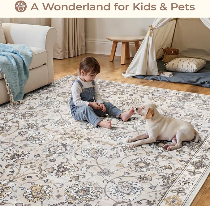 Floral 8x10 Area Rugs for Living Room, Washable Large Bedroom Rug, Soft Non Slip Carpet, Stain Resistant Low Pile Carpets for Indoor Under Table Dining Home Office Nursery, Beige