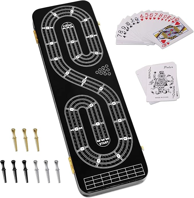 Cribbage Board Game Set 3 Tracks, 2 Storage Area, with 9 Metal Pegs,2 Decks of Playing Cards and Instruction, Wooden Travel Portable Cribbage Game Sets