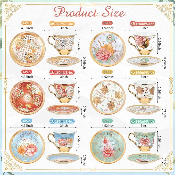 Teenyyou Set of 36 Tea Cups and Saucers Tea Party Decorations Floral Porcelain - Image 2