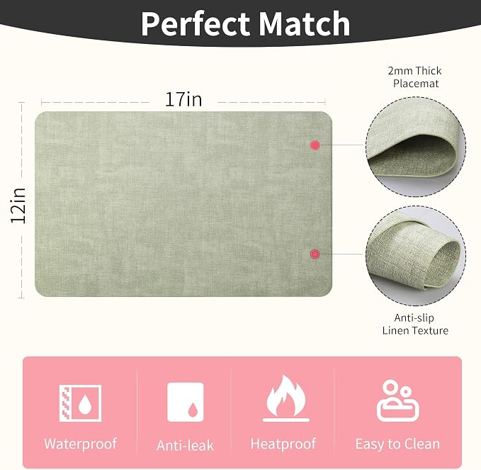 Maxpearl Faux Leather Placemats Set of 8, Light Green | Waterproof - Image 8