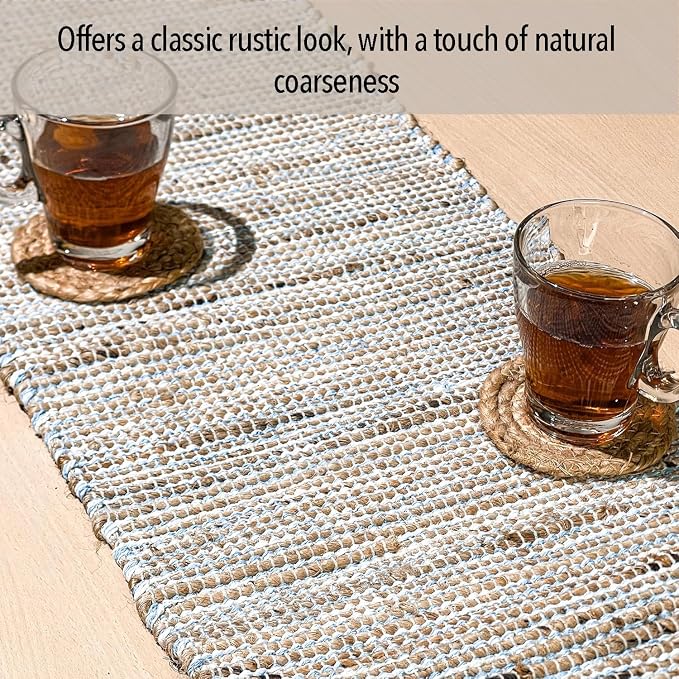 Natural Jute Table Runner, 13x36 Inch, Sky Blue-White | Vintage Boho Rustic - Image 5
