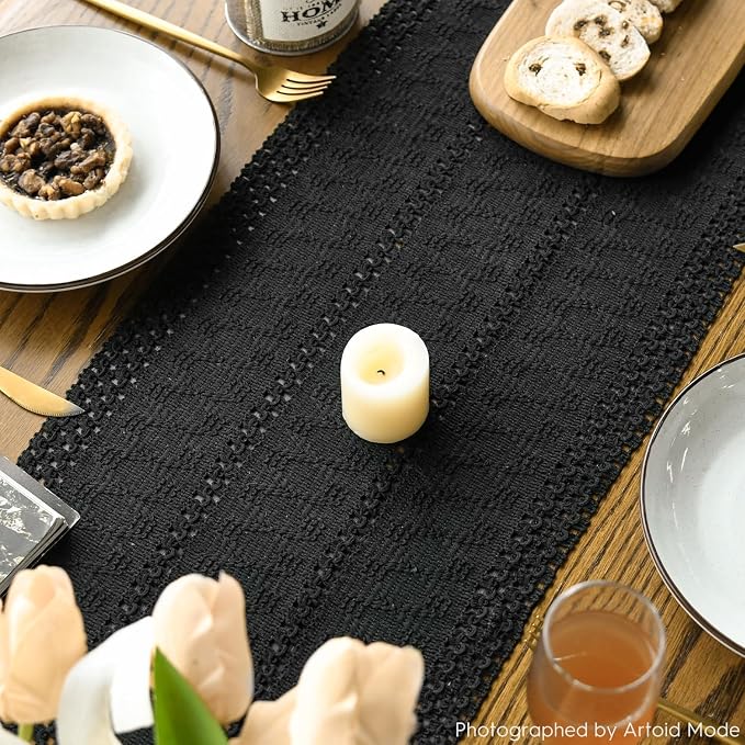 Artoid Mode Black Woven Farmhouse Hollow Table Runner 12x120 Inch | Holiday - Image 5