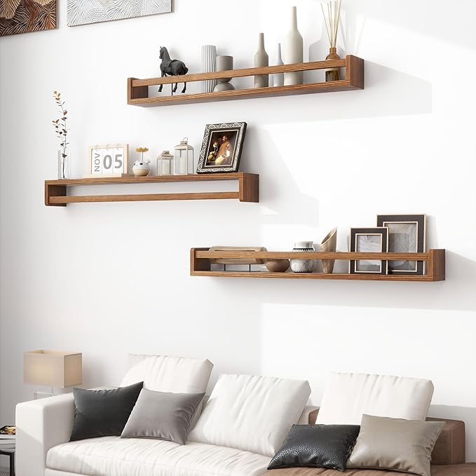 Fun Memories Nursery Book Shelves - Rustic Natural Solid Wood Floating Bookshelf for Kids - Wall Book Shelves for Kids Room (Carbonized, 32inch - 4P)