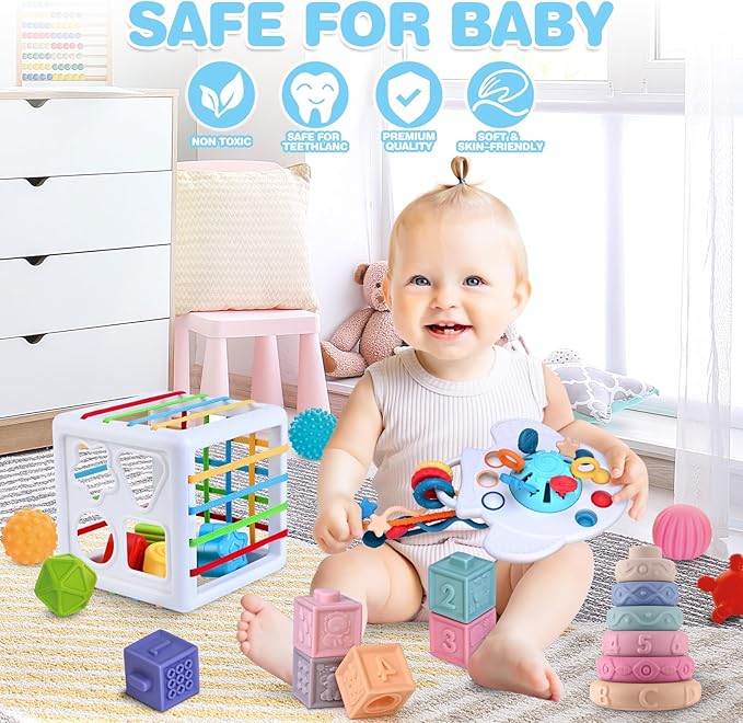 SpringFlower 5 in 1 Baby Toys 6 to 12 Months, Montessori Toys, Soft Baby Teething Toys, Sensory Bin Toy, Stacking Building Blocks & Rings Infants,Sorting Sensory Learning Gift for Toddlers Aged 1-3