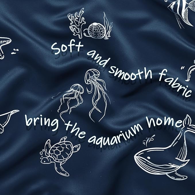 Vangao Kids Curtains for Boys Bedroom Kids Blackout Curtains 63 Inch Length Ocean Aquarium Nursery Drapes for Girls Bedroom Silver Sea Animals Print Thermal Insulated Drapes, Navy Blue 2 Panels