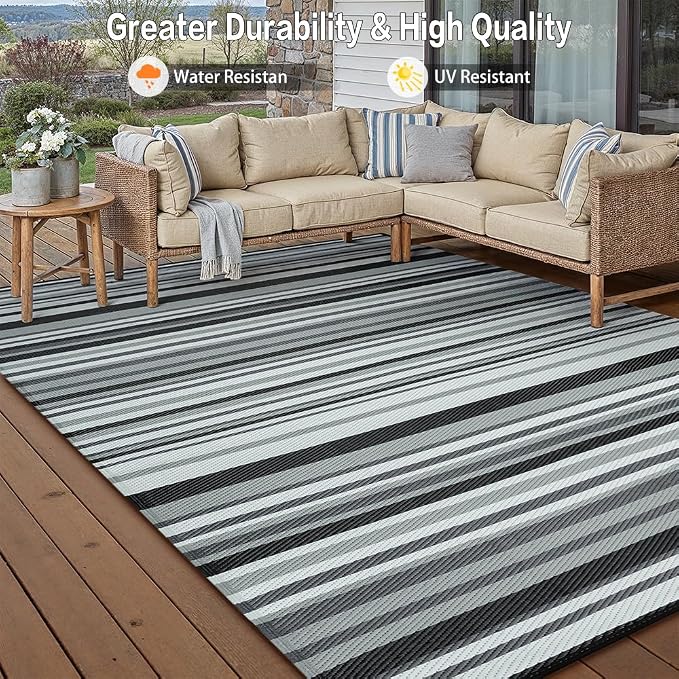 Outdoor Plastic Straw Rug Waterproof Patio 8x10 Black White Stripe Mat - Image 4