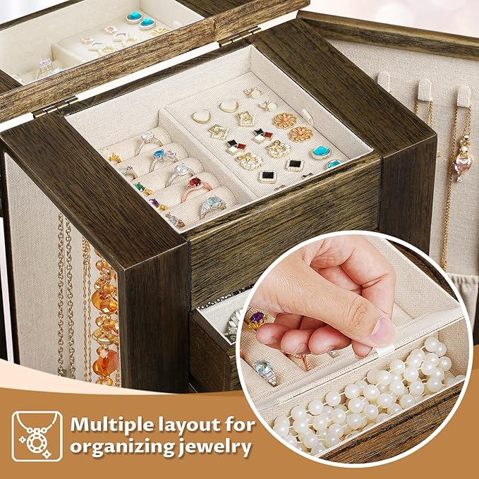 Jewelry Box for Women, 5 Layer Large Wood Jewelry Boxes & Organizers for Necklaces Earrings Rings Bracelets, Rustic Jewelry Organizer Box with Drawers and Mirror(Vintage)