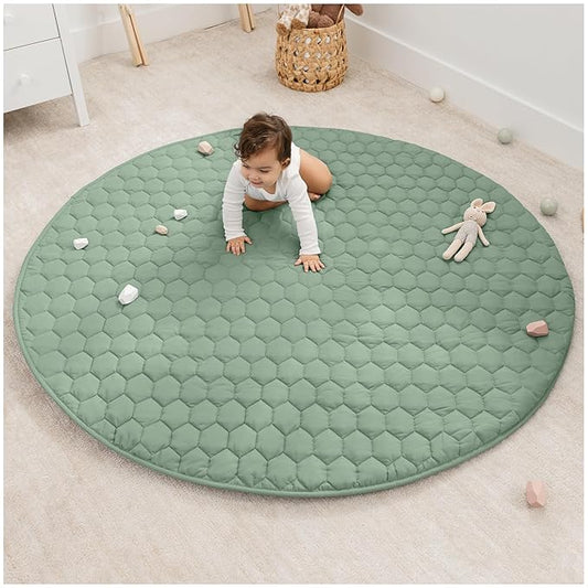 Comfy Cubs Round Kids Play Mat - Large 60 inches Soft Quilted Baby Floor Mat with Non-Slip Bottom - Plush Design for Toddlers' Playtime and Relaxation - Comfortable and Durable - Fern