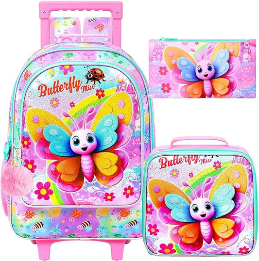 gxtvo Girls Rolling Backpack, Cute Butterfly Roller Wheels Kids Bookbag - Wheeled Elementary School Bag - 3PCS Butterfly