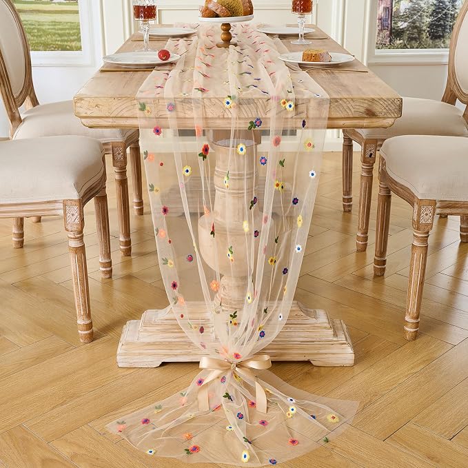 BINBE 6pcs Champagne Daisy Spring Table Runner Embroidery Gauze 10FT Florals - Image 7