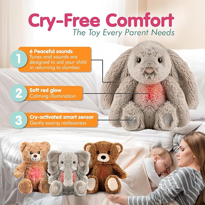 Gemma Joy Bedtime Baby Soothers for Sleep, Cry Activated Heartbeat Stuffed Animal for Baby, Newborn, Calming Light, Lullaby Music, White Noise, Shush and Mother’s Heartbeat - (Bunny, Rechargeable)