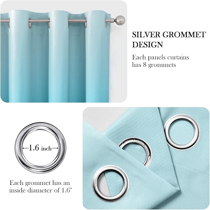 HOMEIDEAS Turquoise Ombre Blackout Curtains 52 X 63 Inch Length Gradient Room Darkening Thermal Insulated Energy Saving Grommet 2 Panels Window Drapes for Living Room, Bedroom