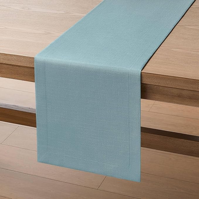 Linen Textured Border Table Runner, 14 x 90 Inch Blue | Mitered Corner Design - Image 7