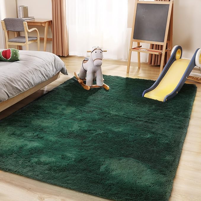 Fluffy Area Rug, 4x6 Green Rugs for Bedroom, Soft Plush Area Rugs for Living Room, Non-Slip Indoor Carpet for Nursery, Study Room, Playroom, Home Decor