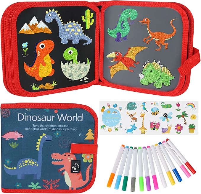 Erasable Doodle Set for Kids - Magic Drawing Book With 12 Watercolor Pens, 14 Page Reusable Drawing, Road Trip Car Game Writing Painting Set for Boys and Girls (Red)