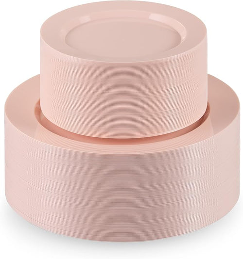 100 Pink Plastic Plates Set, Elegant Fancy Heavy Duty Disposable Plates by Munfix